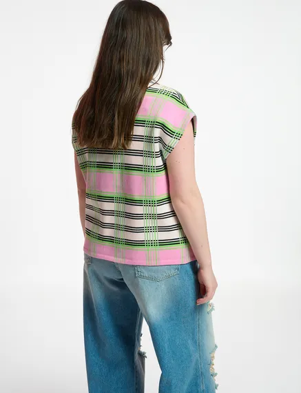 Off-white, pink and green checked sleeveless cardigan