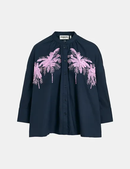 Navy blue cotton shirt with embroidery