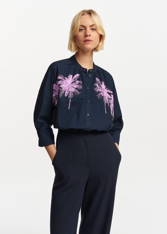 Navy blue cotton shirt with embroidery