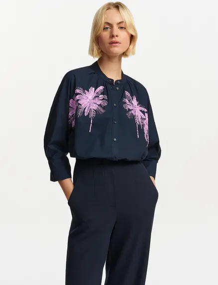 Navy blue cotton shirt with embroidery