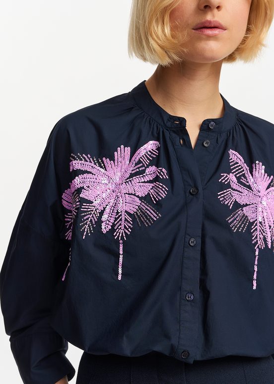 Navy blue cotton shirt with embroidery