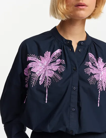 Navy blue cotton shirt with embroidery