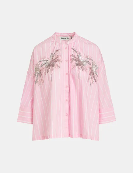 Light pink and white striped cotton shirt with embroidery