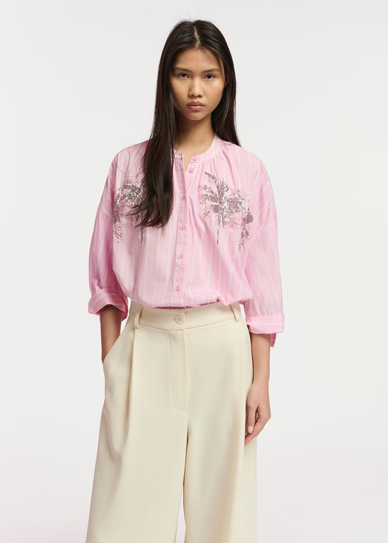 Light pink and white striped cotton shirt with embroidery