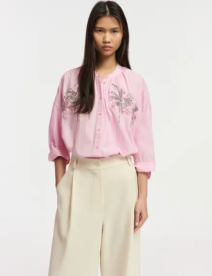 Light pink and white striped cotton shirt with embroidery