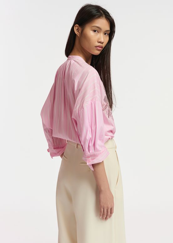 Light pink and white striped cotton shirt with embroidery