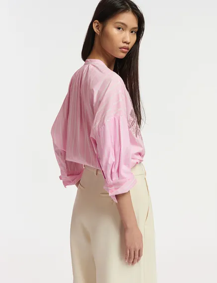 Light pink and white striped cotton shirt with embroidery