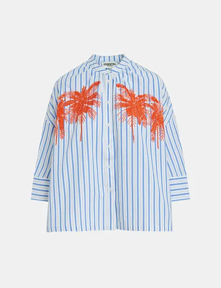 Blue and white striped cotton shirt with embroidery