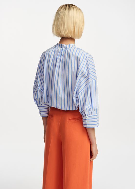 Blue and white striped cotton shirt with embroidery