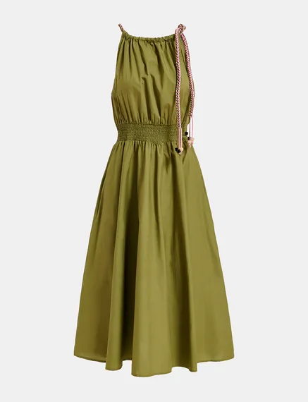 Khaki cotton halter neck midi dress