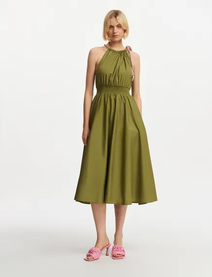 Khaki cotton halter neck midi dress