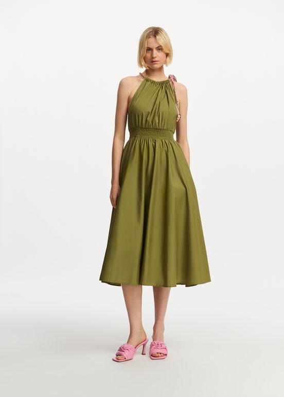 Khaki cotton halter neck midi dress