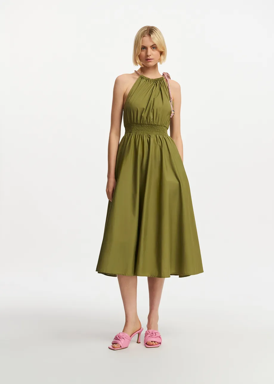 Khaki cotton halter neck midi dress