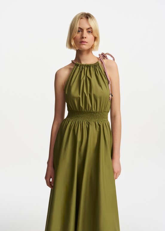 Khaki cotton halter neck midi dress