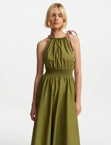 Khaki cotton halter neck midi dress