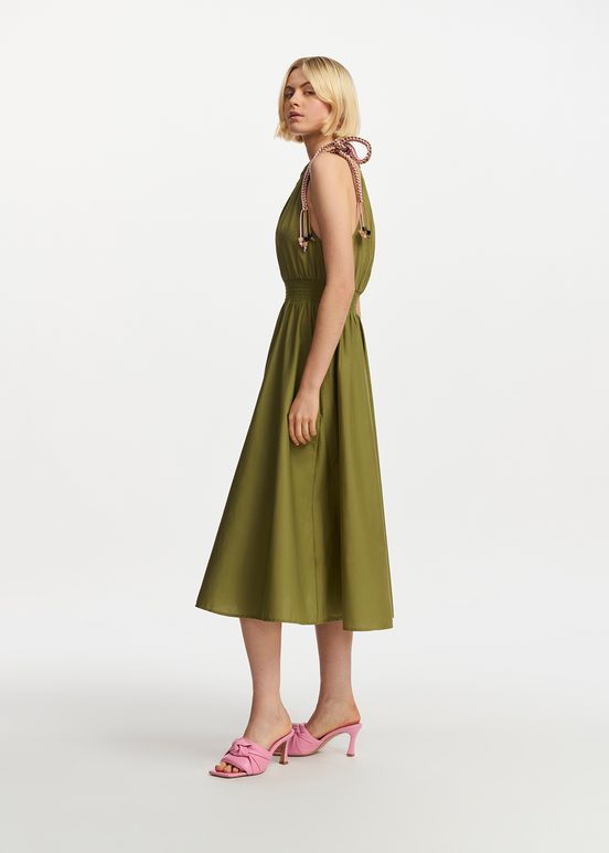 Khaki cotton halter neck midi dress