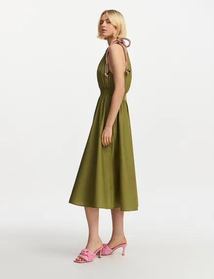 Khaki cotton halter neck midi dress