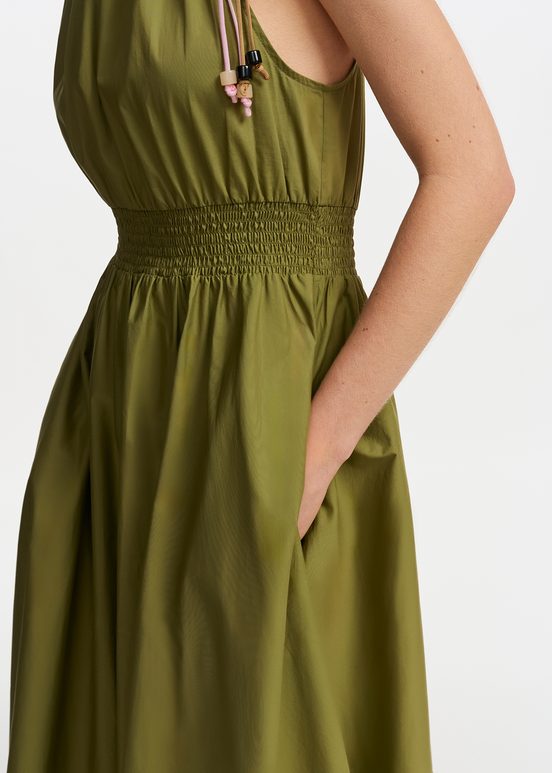 Khaki cotton halter neck midi dress