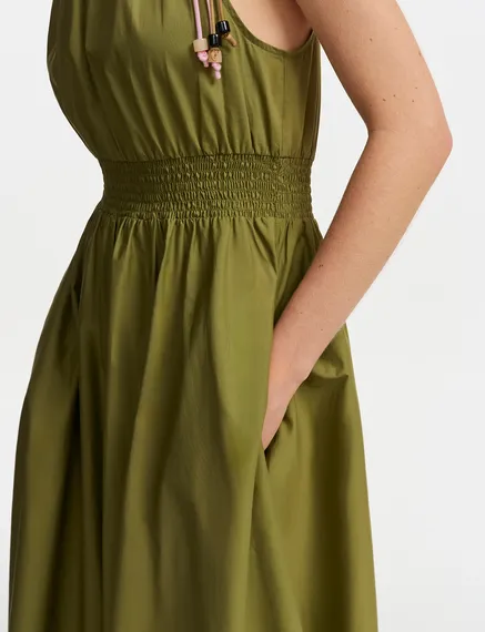 Khaki cotton halter neck midi dress