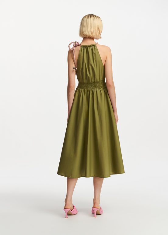 Khaki cotton halter neck midi dress