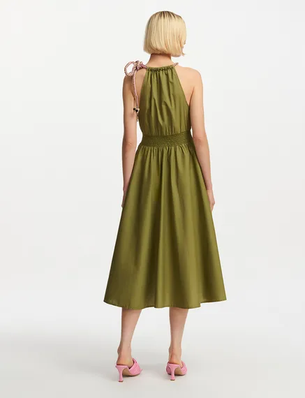 Khaki cotton halter neck midi dress