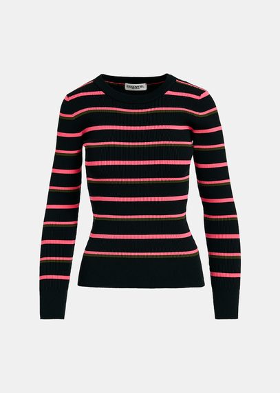 Black, neon pink and khaki striped knitted sweater