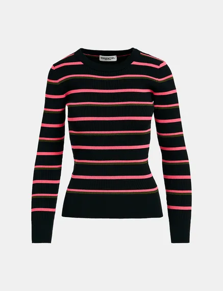 Gestreifter Strickpullover in Schwarz, Neonpink und Khaki