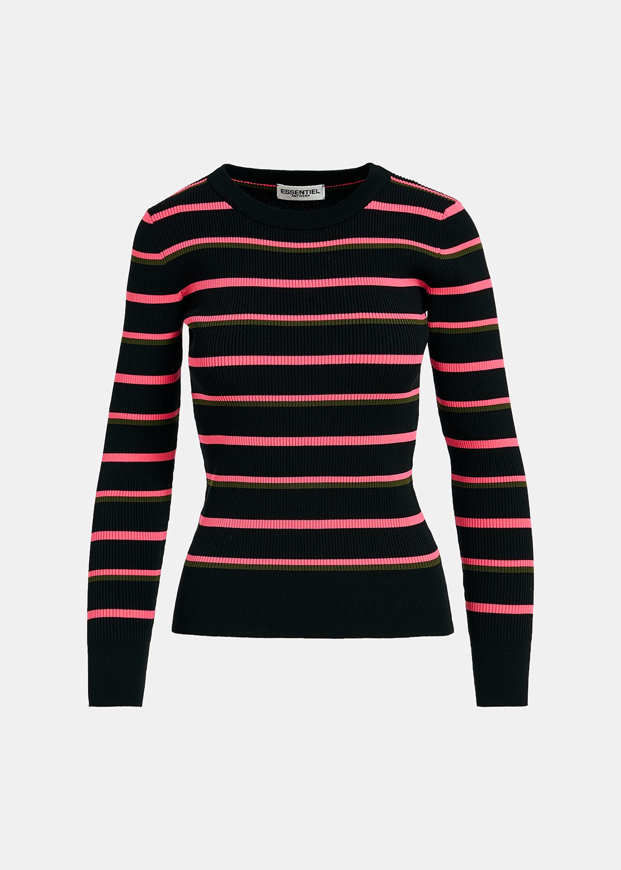 Black, neon pink and khaki striped knitted sweater