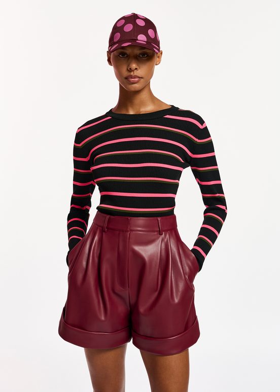 Black, neon pink and khaki striped knitted sweater