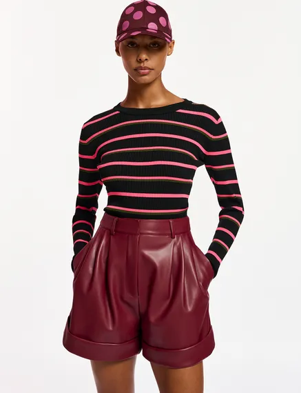 Black, neon pink and khaki striped knitted sweater