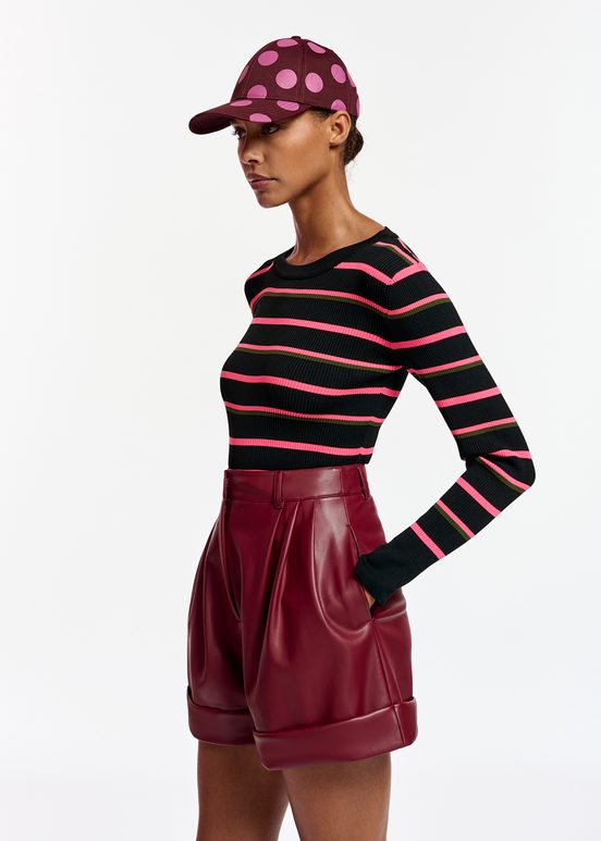 Black, neon pink and khaki striped knitted sweater