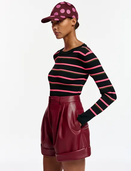 Black, neon pink and khaki striped knitted sweater