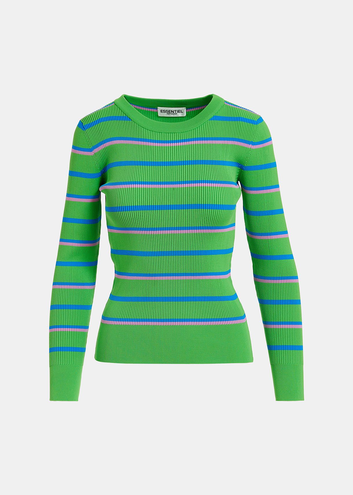 Green, blue and lilac striped knitted sweater