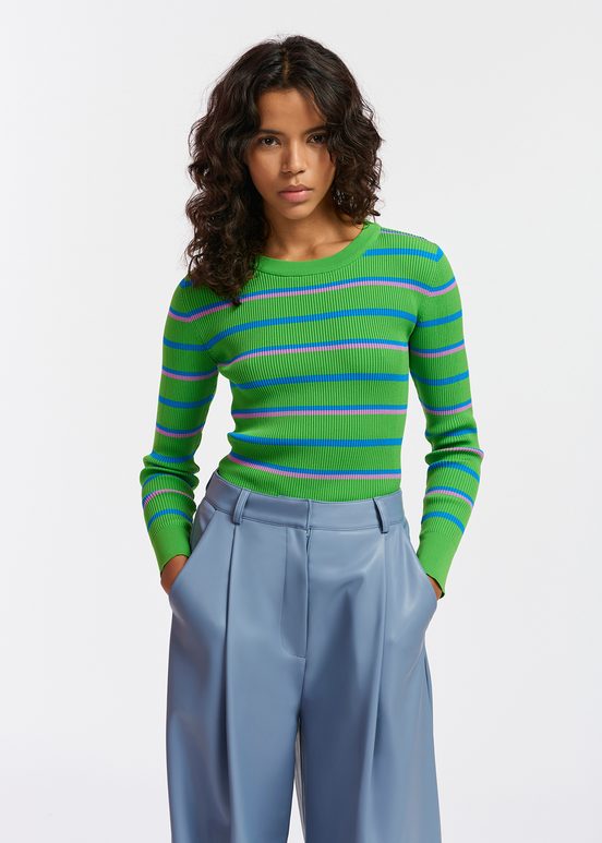 Green, blue and lilac striped knitted sweater