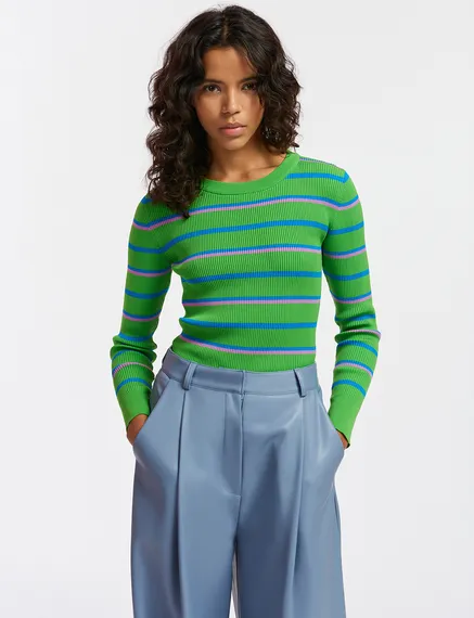 Green, blue and lilac striped knitted sweater