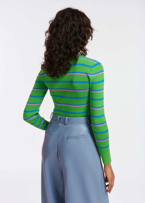 Green, blue and lilac striped knitted sweater