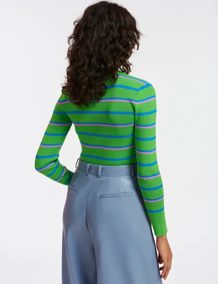 Green, blue and lilac striped knitted sweater