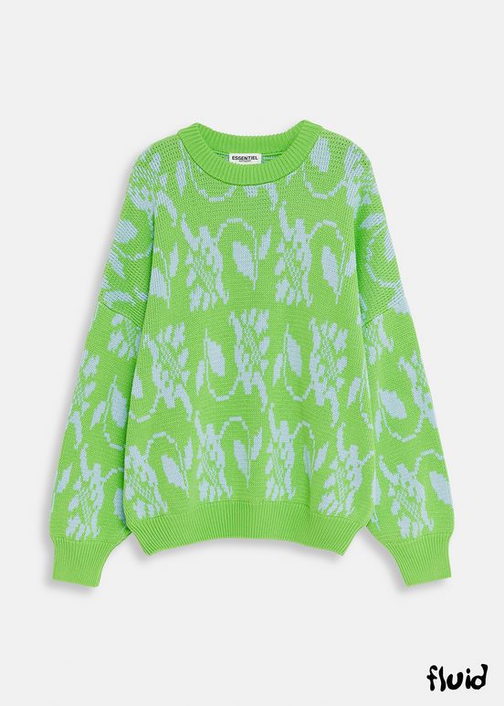 Green and light blue floral-jacquard knit sweater