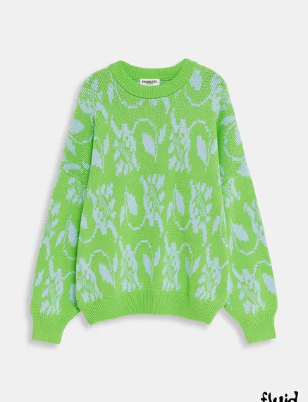 Green and light blue floral-jacquard knit sweater