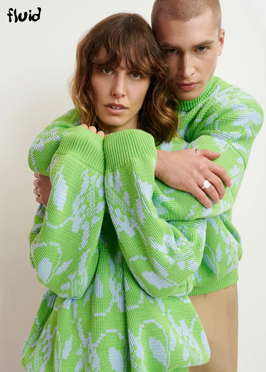 Green and light blue floral-jacquard knit sweater