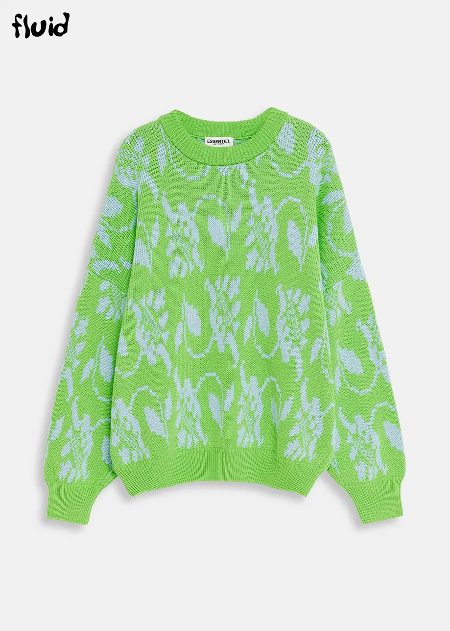 Green and light blue floral-jacquard knit sweater