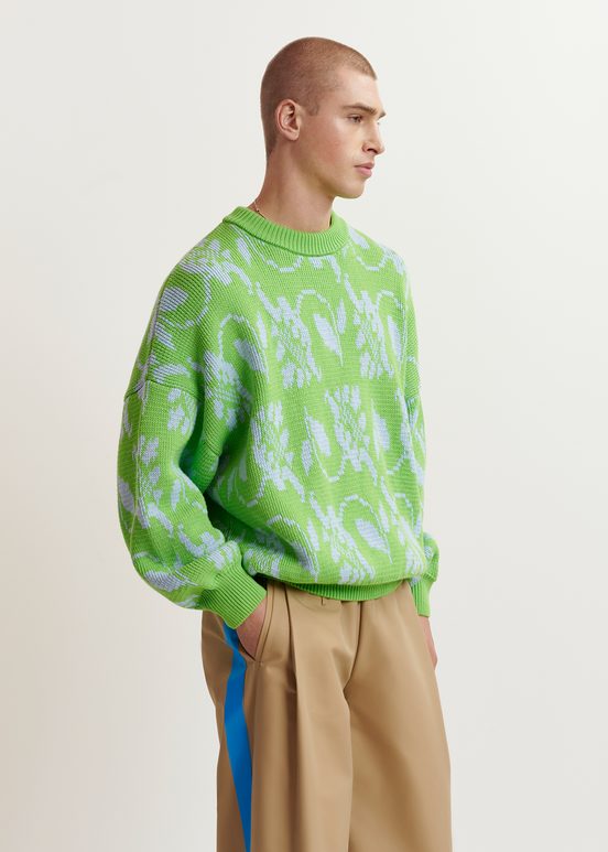 Green and light blue floral-jacquard knit sweater