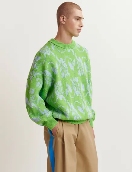 Green and light blue floral-jacquard knit sweater