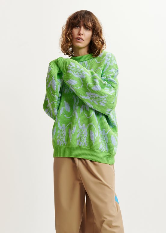 Green and light blue floral-jacquard knit sweater