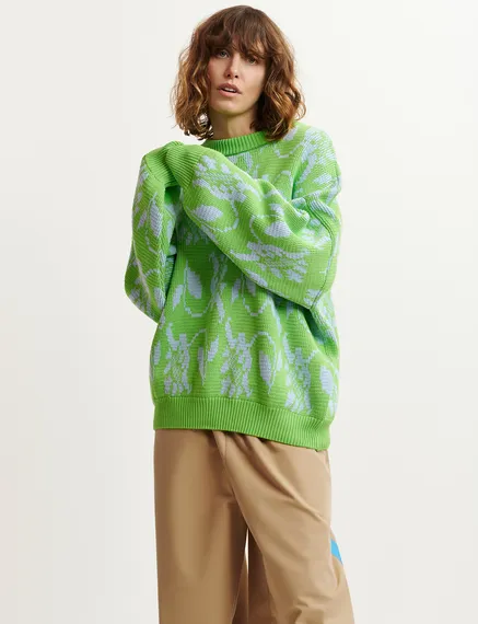 Green and light blue floral-jacquard knit sweater