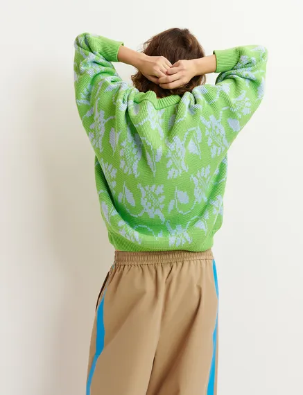 Green and light blue floral-jacquard knit sweater