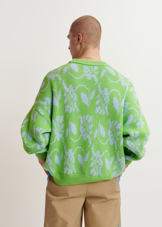 Green and light blue floral-jacquard knit sweater