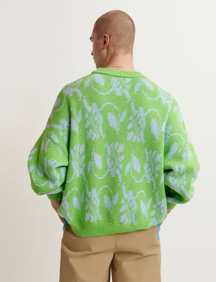 Pull en jacquard fleuri vert et bleu clair