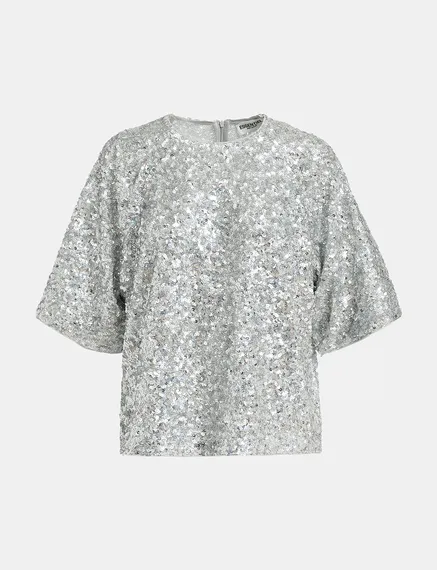 Silver sequin-embellished short-sleeved top