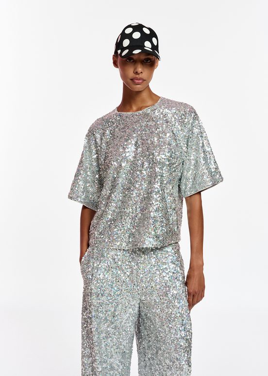 Silver sequin-embellished short-sleeved top